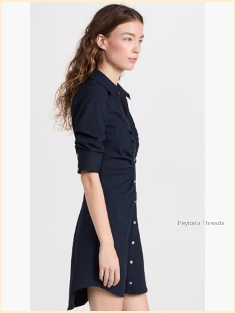 Navy Sheath Dress with Button Front and Collar Neck, 3/4 Sleeve - Picture 4 of 6